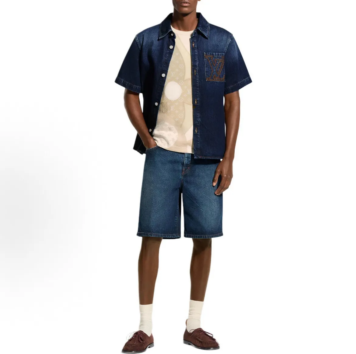 Louis Vuitton/Louis Vuitton pocket logo embroidered short-sleeved denim shirt